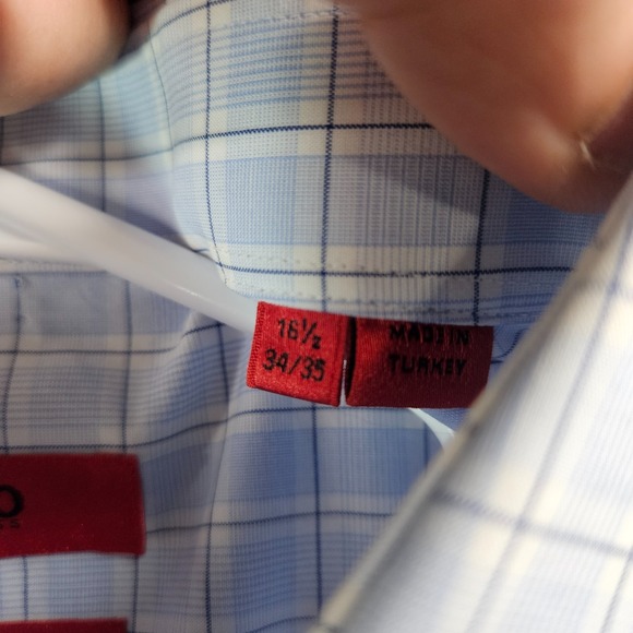 Hugo Boss Shirt Men 16.5 34 35 Sharp Fit‎ Button Long Sleeve White Blue Plaid - Picture 5 of 11